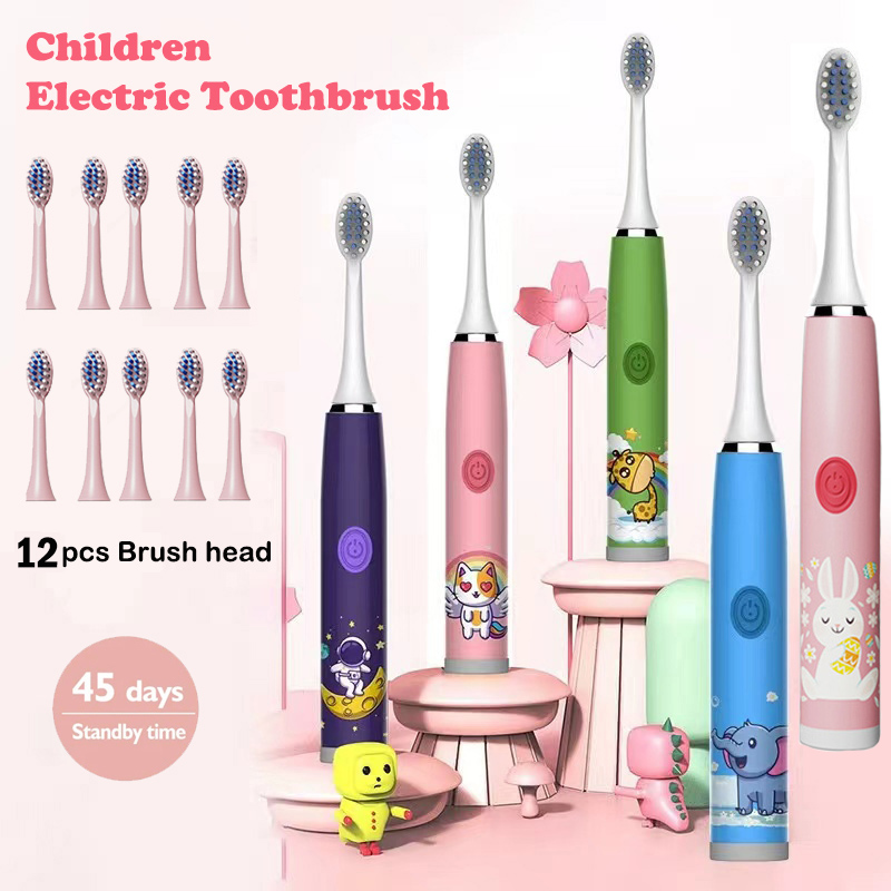 Electric Toothbrush Sonic - 子供ソニック電動歯ブラシカラフルな漫画子供のための充電式ソフトファー自動防水 12 交換ヘッド